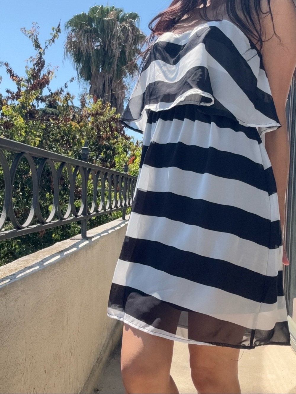 Y2K Black White Striped Off-Shoulder Mini Sundress Sheer Ruffle Coquette Small